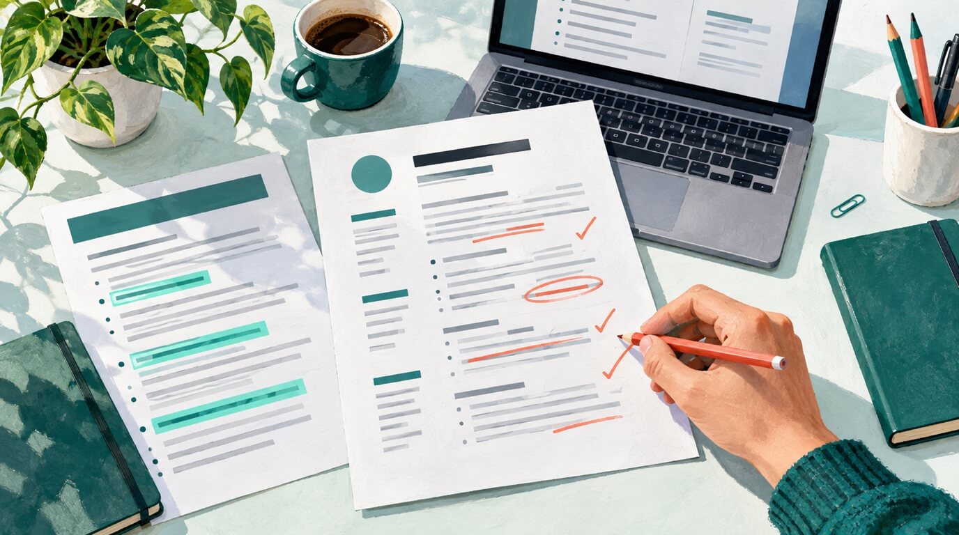 Illustration of a resume being reviewed beside a highlighted job description and a laptop